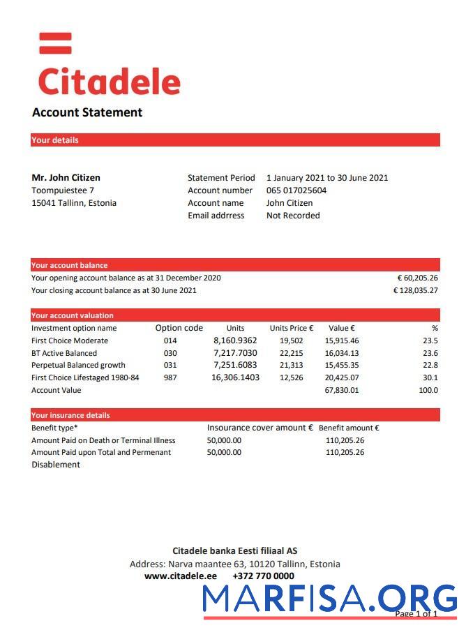 Downloadable Estonia Citadele banka Eesti filiaal AS bank statement excel real example